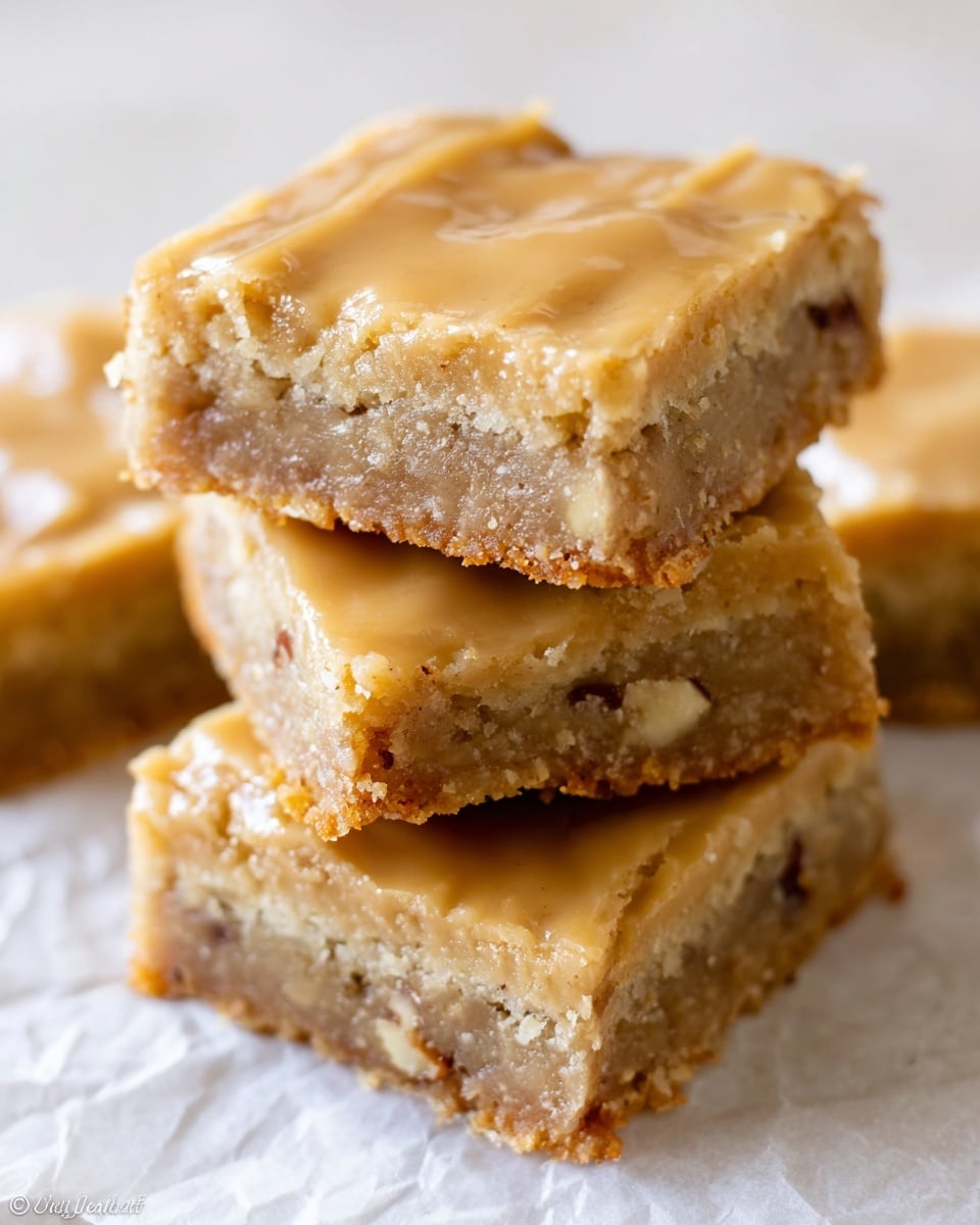 The image shows a close-up of three stacked dessert bars on a white marbled textured surface. Each square bar has three visible layers: a light golden brown crumbly base, a middle layer with a slightly darker filling that appears soft and moist with small nut pieces, and a top layer of smooth, glossy beige icing with a slightly cracked surface. The bars look thick and dense, with rough edges showing the different textures. Photo taken with an iphone --ar 4:5 --v 7