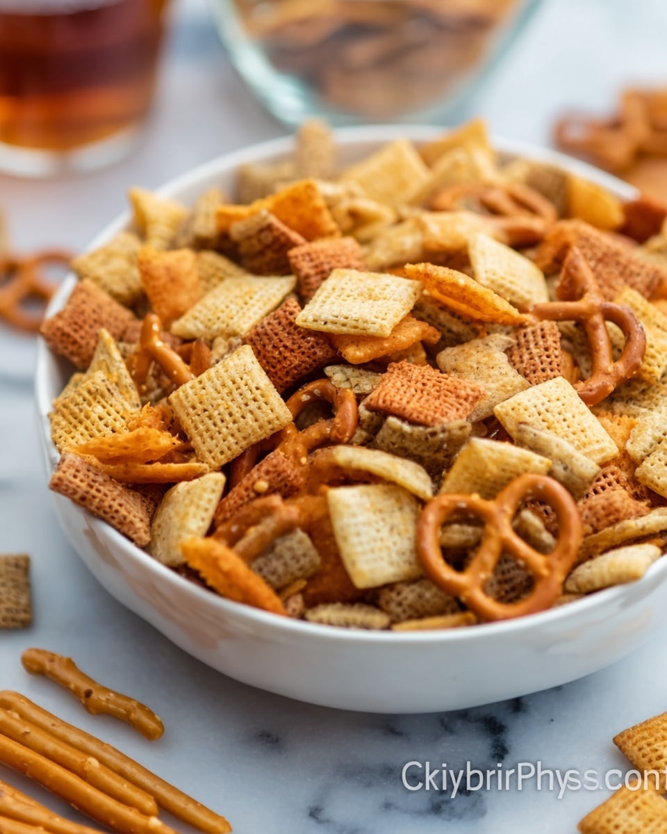 The image shows a white bowl filled with a colorful mix of snack pieces. There are around five different types of snacks layered together, including square crackers with a golden brown color, light orange square crackers with a rough texture, and small pretzel sticks with a shiny surface scattered on top. The bowl is placed on a white marbled surface, and the textures range from smooth to crunchy. A woman's hand is reaching towards the bowl, ready to grab some snacks. photo taken with an iphone --ar 4:5 --v 7