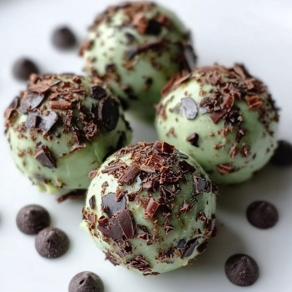 The image shows five round truffles with a smooth, light green coating that has a slight shine. Each truffle is covered with small pieces of dark chocolate and light-colored nut bits scattered unevenly across the surface. The truffles are arranged close together on a white marbled surface, with a few dark chocolate chips scattered around them. The texture of the truffles looks firm but soft on the outside. photo taken with an iphone --ar 4:5 --v 7