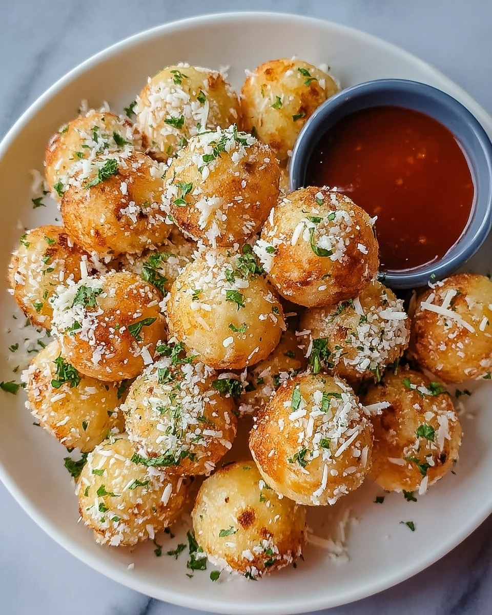 A pile of small round golden-brown balls sits on a white plate, each ball covered with a light coating of white crumbs and small green herb flakes, giving a textured and fresh look. The balls have a slightly crispy outer layer with some browning spots. In the top left corner of the plate, there is a small metal cup filled with a thick, red dipping sauce. The white marbled surface underneath adds a clean and bright background to the dish. photo taken with an iphone --ar 4:5 --v 7
