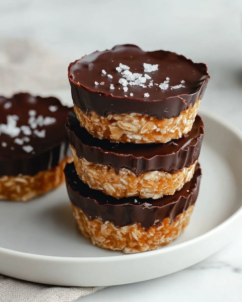 A close-up image of three small dessert cups stacked on a white plate with a white marbled surface underneath. Each cup has two layers: the bottom layer is a light golden oat mixture with a rough, textured appearance, while the top layer is a smooth, glossy dark chocolate layer that completely covers the oats. The chocolate layer is slightly rippled on the edges and is sprinkled with small pieces of coarse sea salt that add a bit of sparkle. The dessert cups have straight sides and a crinkled pattern on the edges of the chocolate. photo taken with an iphone --ar 4:5 --v 7