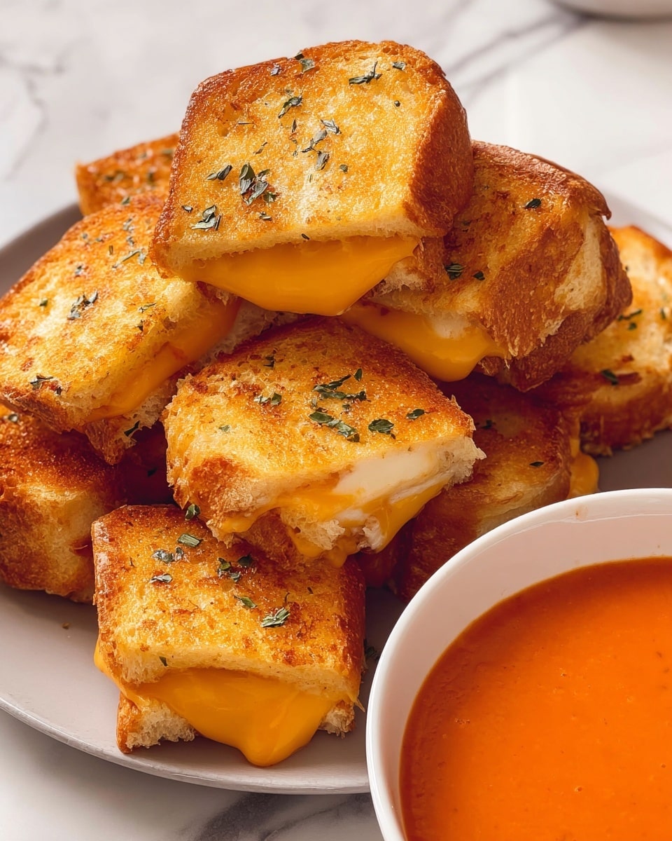 The image shows a pile of small grilled cheese sandwiches with golden brown toasted bread, melted cheddar cheese oozing out between the layers, and sprinkled with green herbs on top. The sandwiches are stacked closely together on a dark rectangular surface. Next to them is a white bowl filled with smooth, bright orange tomato soup. The background is a white marbled texture, and a white and orange striped cloth is partially visible in the upper left corner. photo taken with an iphone --ar 4:5 --v 7