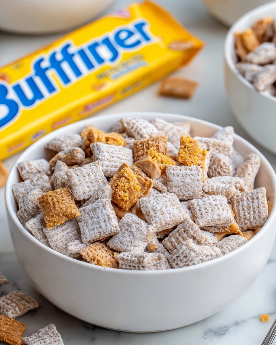 A white bowl filled with small square cereal pieces coated in a light brown powder, mixed with larger irregular orange peanut butter bits scattered throughout. The cereal has a rough texture with some powder unevenly dusted on top. Pieces spill slightly over the bowl's edge onto a white marbled surface. In the foreground lies a bright yellow Butterfinger candy bar wrapper, with blue and brown text and peanut images. In the blurred background, there are other white bowls and a small white dish filled with a smooth, creamy orange peanut butter spread. Photo taken with an iphone --ar 4:5 --v 7