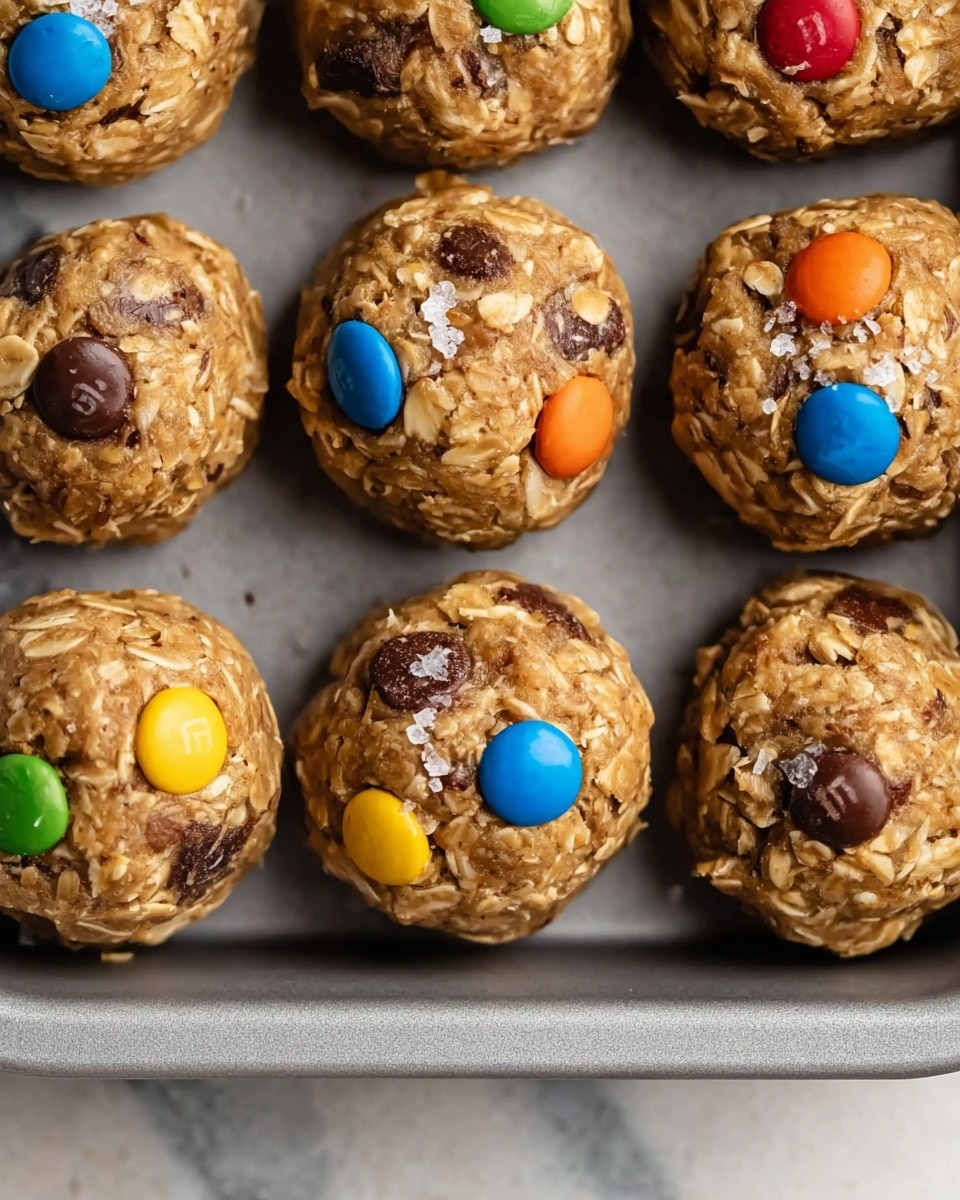 The image shows a close-up of ten round energy bites in a gray baking tray, arranged in two rows with some overlapping. Each bite has a rough texture made from oats and a dough base that is light brown in color, with colorful candy-coated chocolate pieces in blue, green, orange, yellow, and red scattered on the surface. Some bites have chocolate chips embedded, and a few have small white salt crystals on top. The tray is placed on a white marbled surface, and there are some small crumbs and oats scattered in the bottom left corner of the tray. photo taken with an iphone --ar 4:5 --v 7