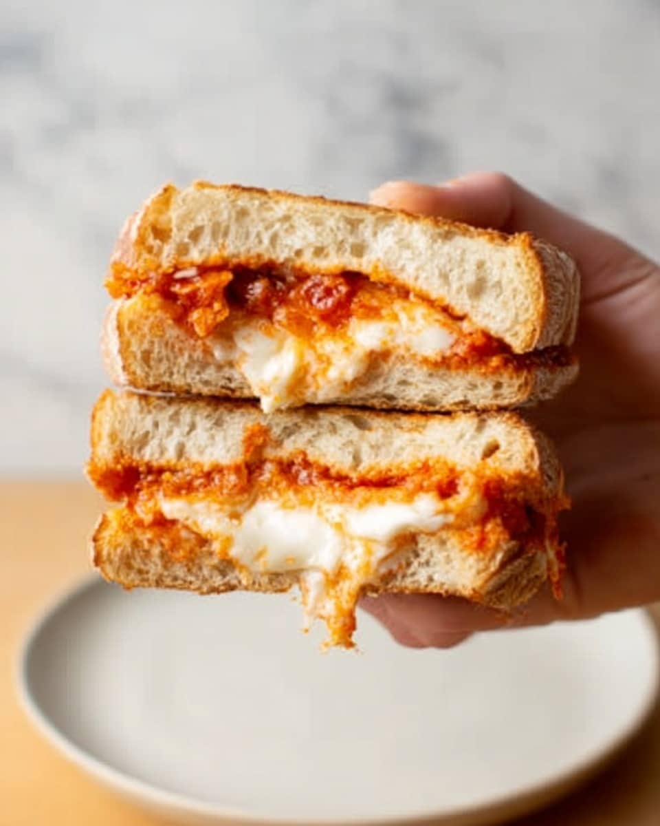 A close-up image of a sandwich held by a woman's hand over a white plate, placed on a white marbled surface. The sandwich has two layers of thick, soft bread slices with a golden-brown crust. Inside, the first layer is a melted creamy cheese with a smooth texture, followed by a layer of red tomato sauce with visible chunks and a slightly wet consistency, topped with a bright, melted cheese that looks stretchy and gooey. The bread looks fluffy and fresh, with the filling slightly spilling out on the edges. Photo taken with an iphone --ar 4:5 --v 7