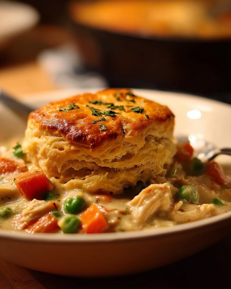 The dish shows a golden-brown biscuit with a shiny, slightly crumbly top, placed on top of a creamy chicken and vegetable stew. The biscuit has two visible layers, soft and fluffy inside with a light tan color. Below the biscuit, chunks of tender chicken, bright green peas, deep orange carrot pieces, and red bell peppers are mixed in thick white sauce, with some finely chopped green herbs sprinkled on top. The whole dish is served in a white bowl on a white marbled surface. photo taken with an iphone --ar 4:5 --v 7