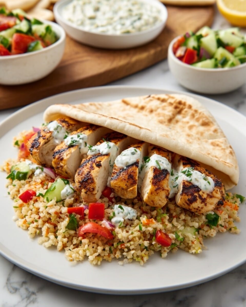 A white plate on a white marbled surface holds a pita sandwich filled with grilled chicken pieces that are golden brown, topped with white sauce and diced cucumber and tomato. Under the pita, there is a bed of yellowish-brown bulgur mixed with small vegetable pieces. In the background, there are small white bowls with hummus, salad, and fresh herbs. The photo is taken with an iphone --ar 4:5 --v 7