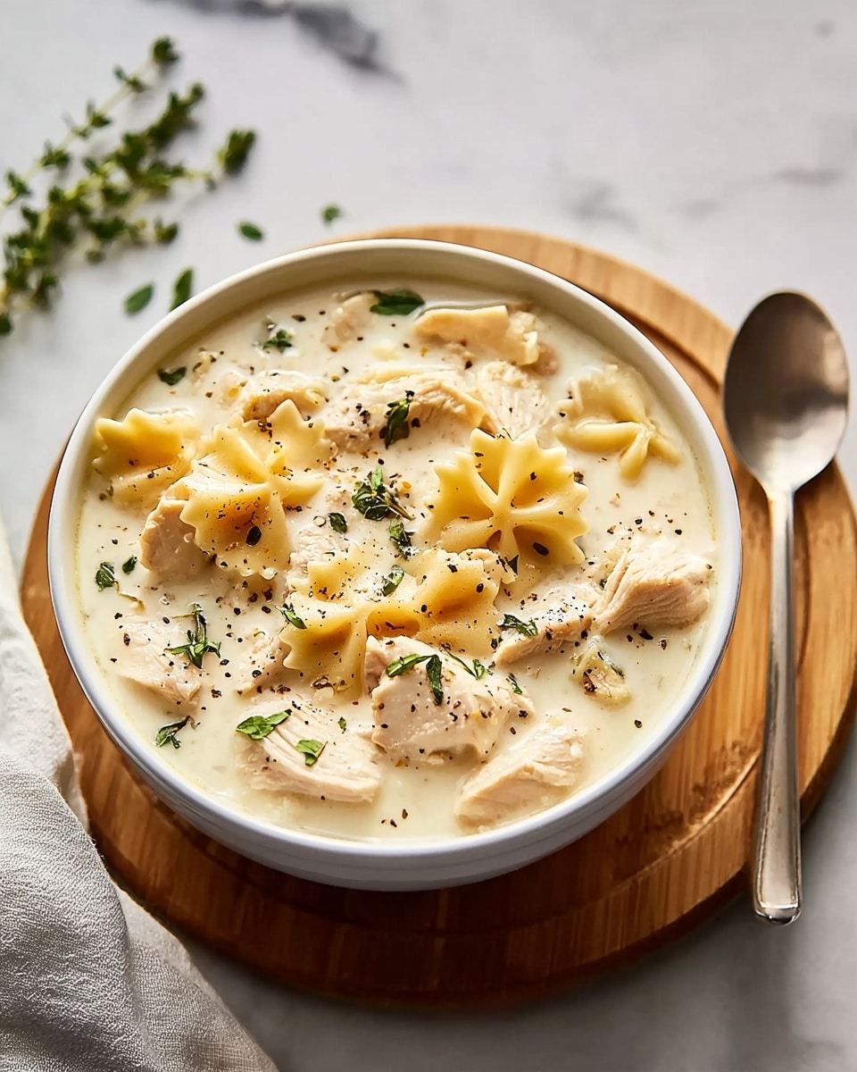 A white bowl filled with creamy chicken noodle soup sits on a round wooden board placed on a white marbled surface. The soup has a smooth, pale cream base with soft chunks of white cooked chicken spread evenly throughout. Light yellow star-shaped pasta floats on the surface, some partially submerged, while fresh green thyme sprigs rest gently in the center, topped with a sprinkle of black pepper. A silver spoon and a white cloth napkin lie beside the bowl, adding to the cozy, inviting setting. Photo taken with an iphone --ar 4:5 --v 7