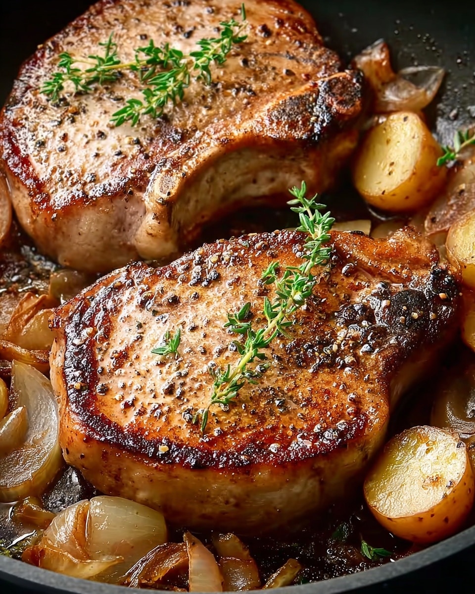 Two thick, golden-brown pork chops with a slight char on the edges sit on a bed of sautéed sliced onions and round yellow potatoes. The pork chops have a juicy, textured surface, sprinkled with black pepper and adorned with small green thyme sprigs on top. The onions beneath are translucent with caramelized edges, and the potatoes are soft with browned spots. Everything is displayed inside a dark skillet, set on a white marbled texture. photo taken with an iphone --ar 4:5 --v 7