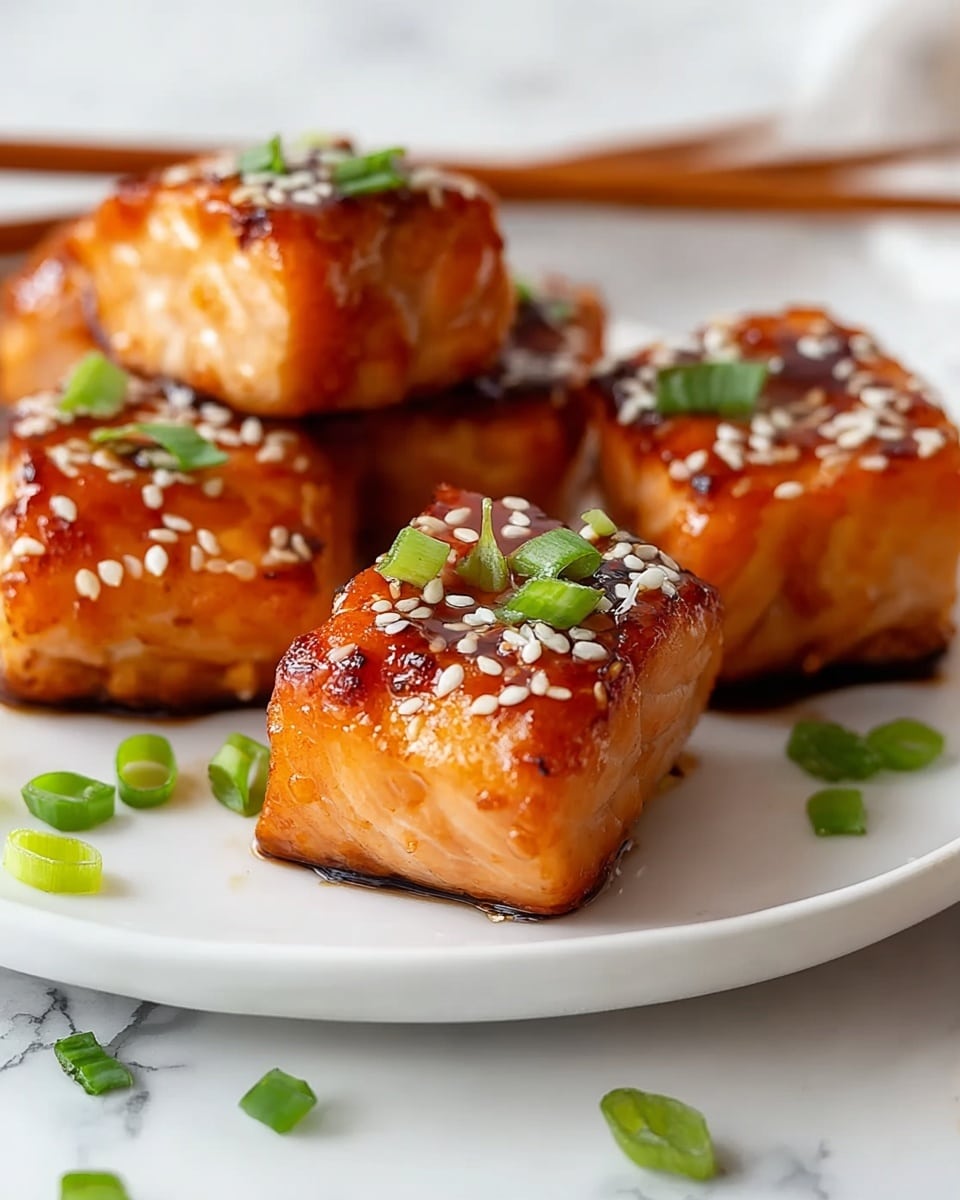 The image shows several square pieces of cooked salmon on a white plate. Each piece has a shiny, orange-brown glaze on top with a slightly crispy texture. The salmon is topped with white sesame seeds and small pieces of green onions. The plate sits on a white marbled surface. Near the plate, there are wooden chopsticks and some scattered green onion pieces. photo taken with an iphone --ar 4:5 --v 7