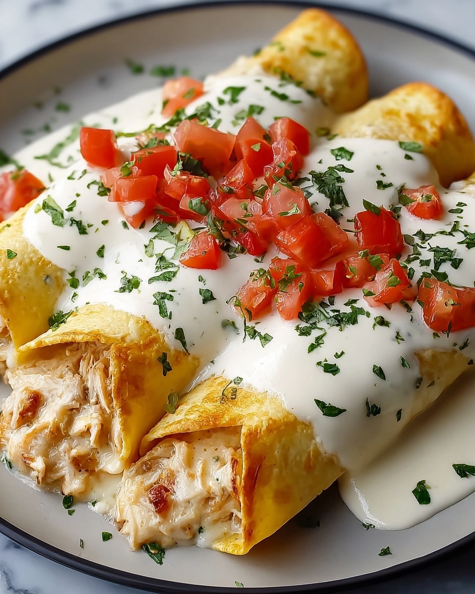 Three rolled crepes are placed side by side on a white plate. Each crepe is golden brown and filled with a creamy white mixture visible at the edges. They are generously topped with a thick layer of smooth white sauce that drips slightly down the sides. Small red diced tomatoes and green chopped herbs are scattered over the sauce on all three crepes, adding a splash of color. The background shows hints of a white marbled texture. photo taken with an iphone --ar 4:5 --v 7