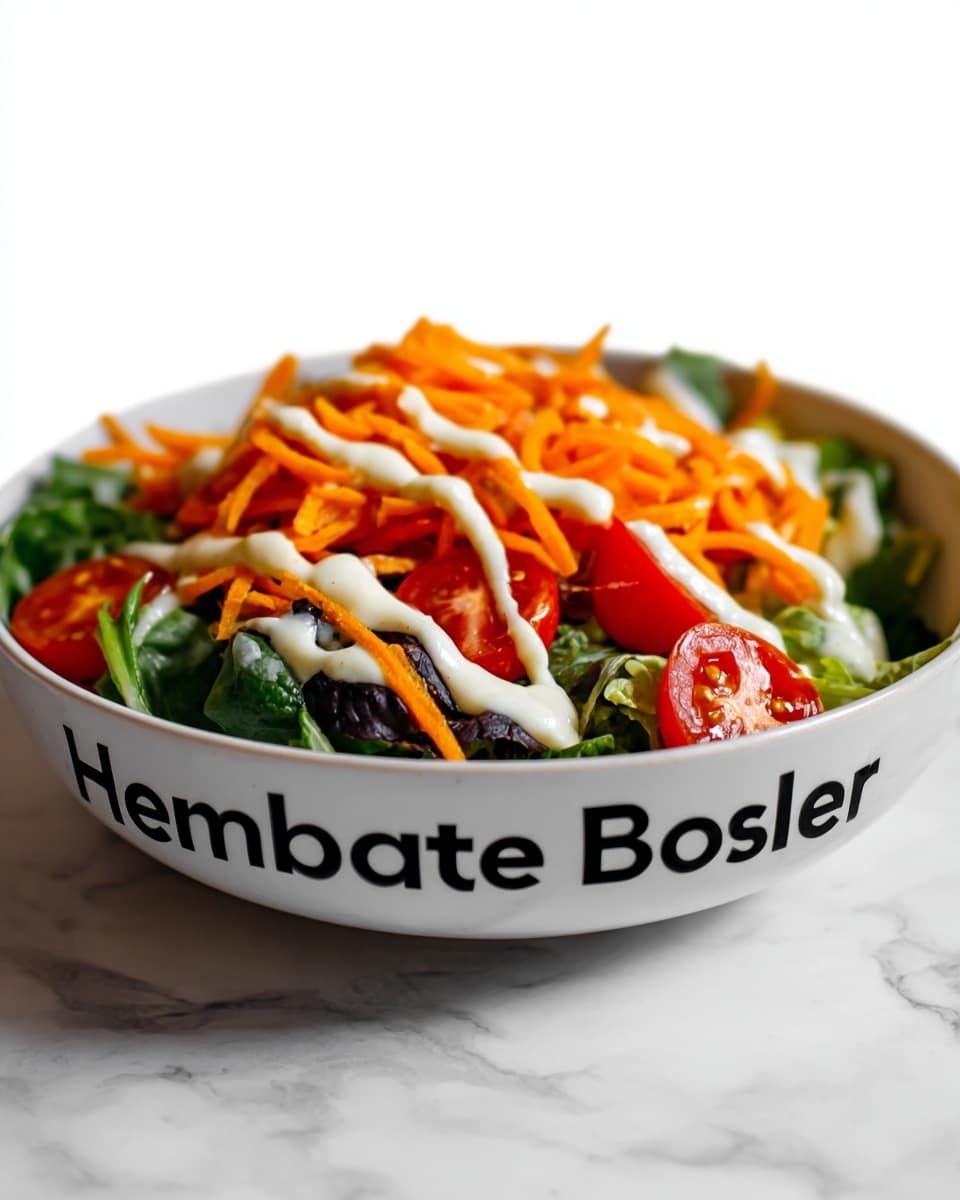 The image shows a white bowl filled with a fresh and colorful salad. The bottom layer is made of mixed green leaves with different shades of green and slightly rough textures, giving a fresh look. On top of this, there are scattered bright orange carrot ribbons, thin and curly, adding a vibrant touch. Over the carrots, there are evenly placed slices of red cherry tomatoes that are smooth and shiny. The salad is topped with a light drizzle of creamy white dressing, slightly glossy and thick. In the background, the bowl rests on a white marbled surface, giving the photo a clean and bright feel. photo taken with an iphone --ar 4:5 --v 7