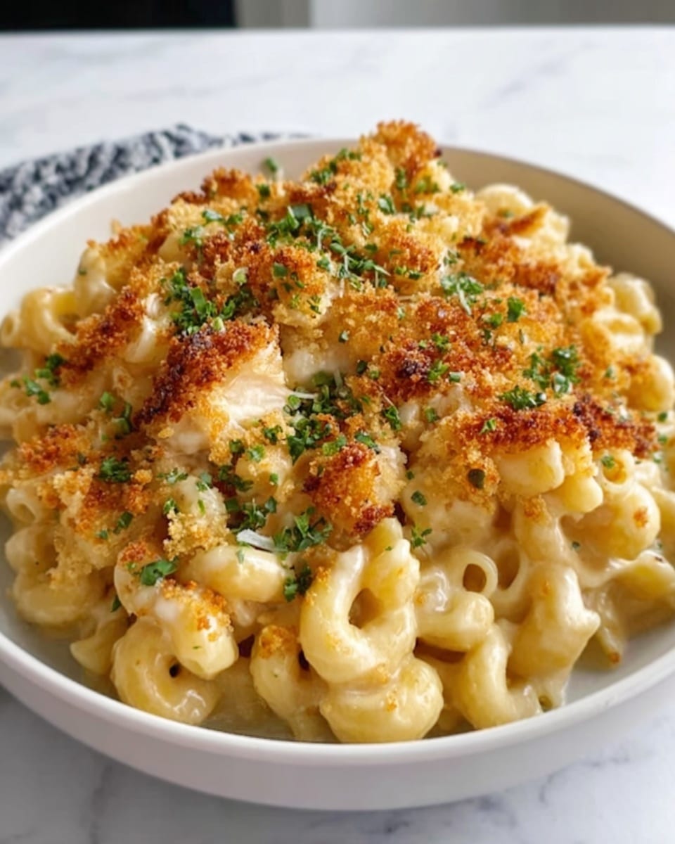 A clear glass square baking dish filled with baked pasta showing about two layers. The top layer is golden brown melted cheese with some small browned spots and sprinkled with finely chopped green herbs. Beneath the cheese layer, you see pasta tubular shapes in a reddish-orange sauce mixed with small pieces of red bell pepper and bits of chicken. The texture is creamy and slightly chunky with the pasta well coated in sauce. The dish sits on a white marbled surface with soft warm lighting. Photo taken with an iphone --ar 4:5 --v 7