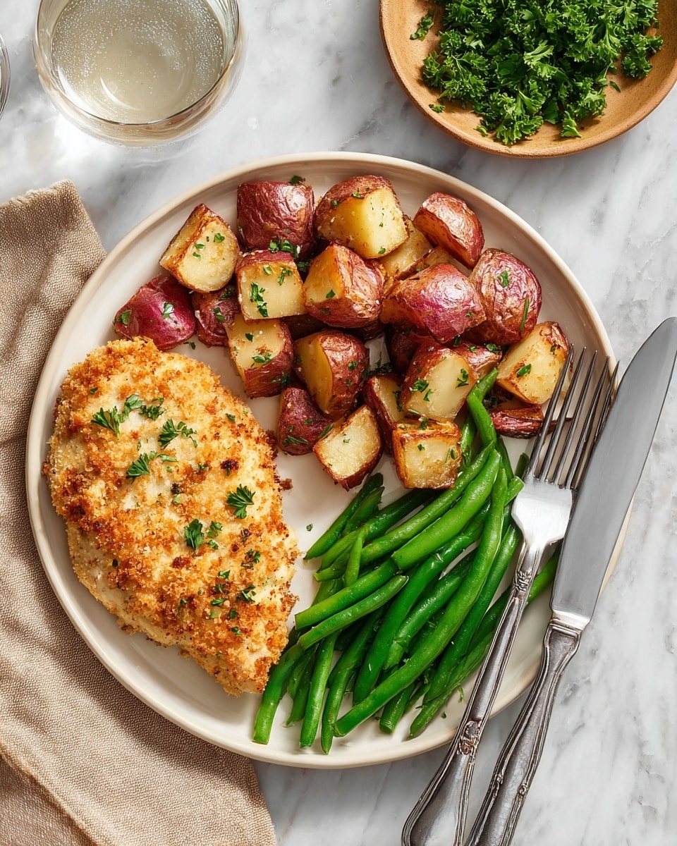 The dish shows a white round plate with three main parts: a golden-brown breaded chicken breast on the left with a crispy crumb texture sprinkled with small green parsley pieces, a pile of roasted red-skinned potatoes cut into medium-sized chunks with browned edges and bits of green herbs on the upper right, and a bunch of shiny steamed green beans lined up neatly at the bottom. To the right edge of the plate, there is a silver knife and fork placed side by side. The plate is set on a white marbled surface with a glass of water and a small bowl of fresh green parsley visible in the background. photo taken with an iphone --ar 4:5 --v 7