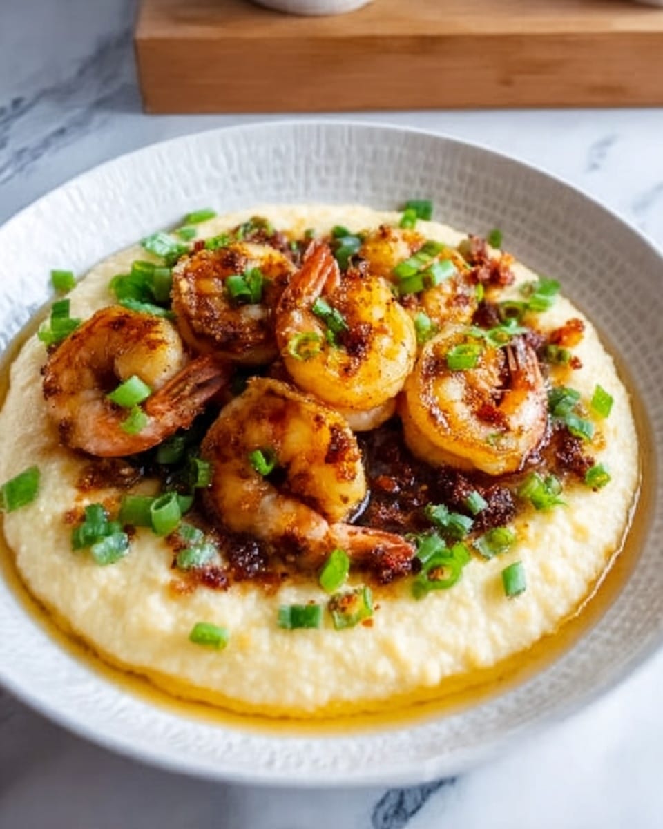A white plate on a white marbled surface holds a serving of creamy, light yellow grits spread evenly as the bottom layer. On top, there is a layer of crispy brown pieces mixed with green herbs and small bits of red seasoning, adding a textured look. Sitting on this layer, several golden-brown shrimp with a slight char are arranged in the center, garnished with chopped green onions scattered around. The photo is bright and clear, showing a close-up view with natural light, photo taken with an iphone --ar 4:5 --v 7