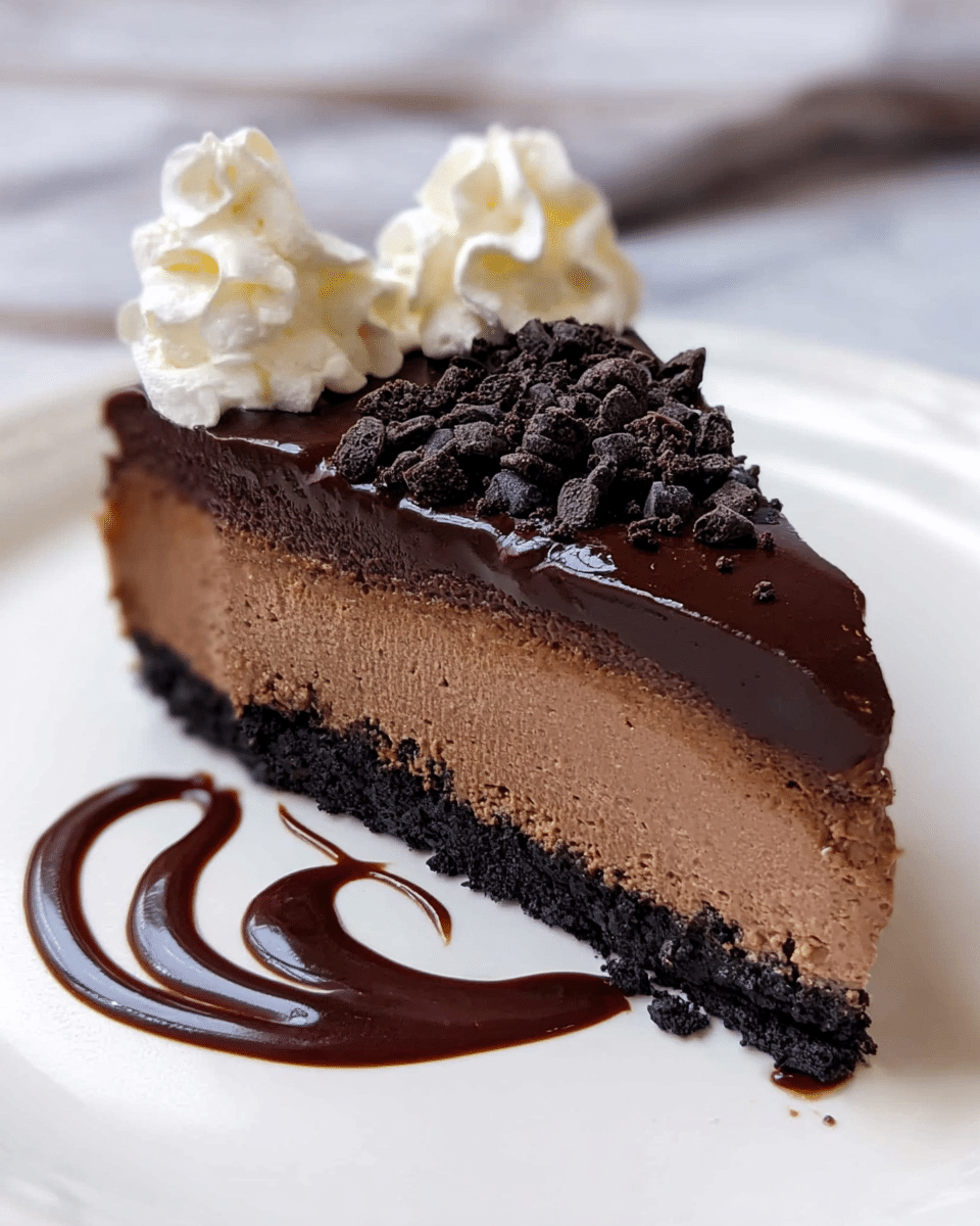 A slice of chocolate mousse cake with three layers sits on a white plate over a white marbled surface; the bottom layer is a dark, crumbly chocolate crust, the middle layer is a smooth, creamy milk chocolate mousse, and the top layer is a dense, dark chocolate ganache with small chocolate crumbles scattered on top. On each side of the slice, there are two white whipped cream swirls, and a swirl of glossy dark chocolate sauce is artistically drizzled on the plate around the cake. Photo taken with an iphone --ar 4:5 --v 7