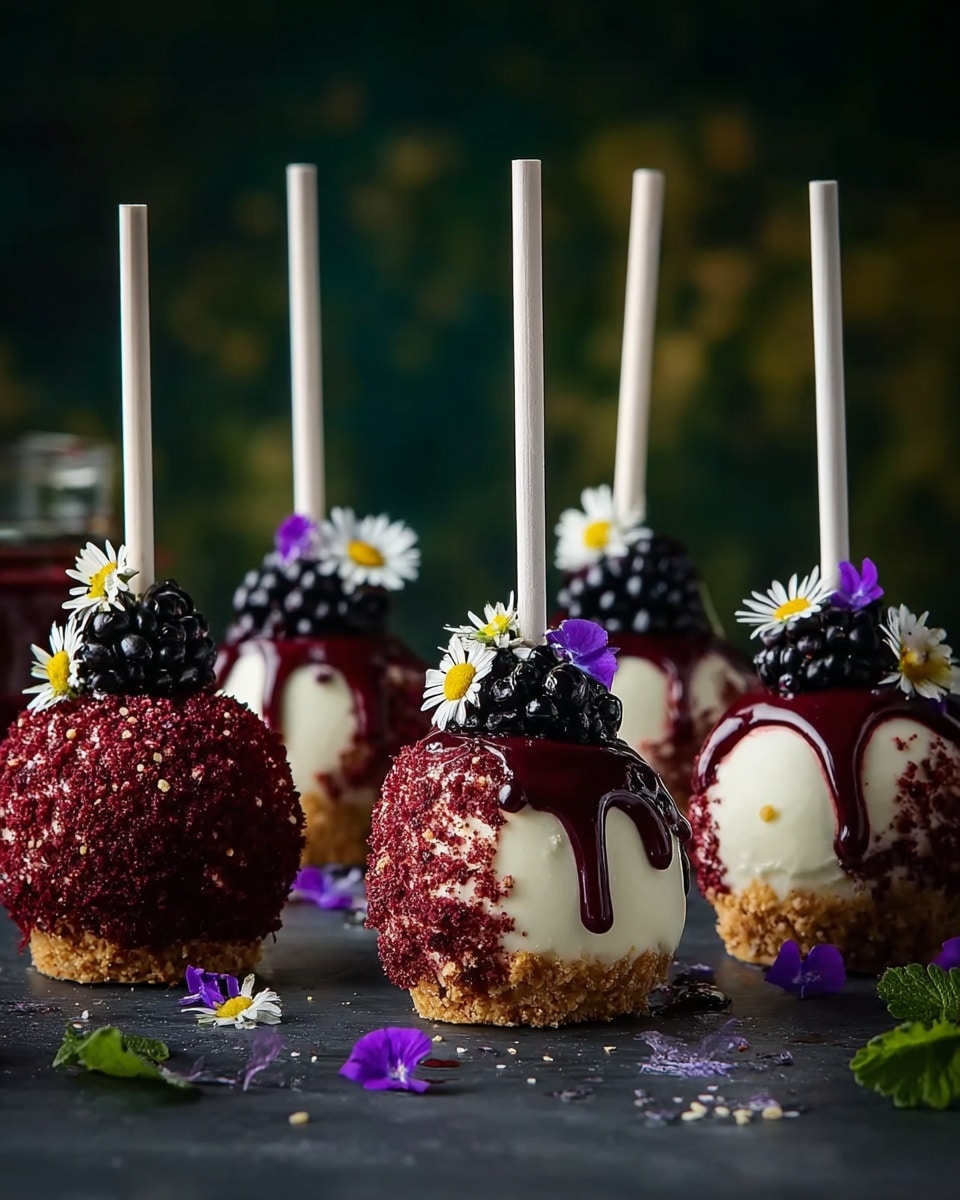 The image shows eight round dessert pops arranged on a dark surface with a white marbled texture. Each pop has a white stick inserted on top. Four pops are coated in a dark purple layer with a rough texture from small crunchy pieces, topped with small purple flowers, green leaves, or white daisies with yellow centers. The other four pops have a smooth white creamy layer, a crumbly light brown base, and a glossy dark red sauce dripping down from the top. These white pops are decorated with blackberries and small white daisies. The background is blurred with green tones, making the dessert pops stand out clearly. photo taken with an iphone --ar 4:5 --v 7