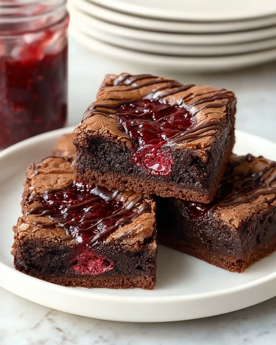 Three square chocolate brownies sit on a white plate, each about two layers thick: a dense, dark brown base with a slightly cracked, lighter brown crust on top. Swirled into the top layer of each brownie is a glossy deep red raspberry jam that contrasts with the chocolate. Thin zigzag lines of dark chocolate drizzle add a delicate texture and shine across the tops. The plate is on a surface with a white marbled texture, and in the background, a clear jar of raspberry jam and stacked white plates are softly out of focus. photo taken with an iphone --ar 4:5 --v 7
