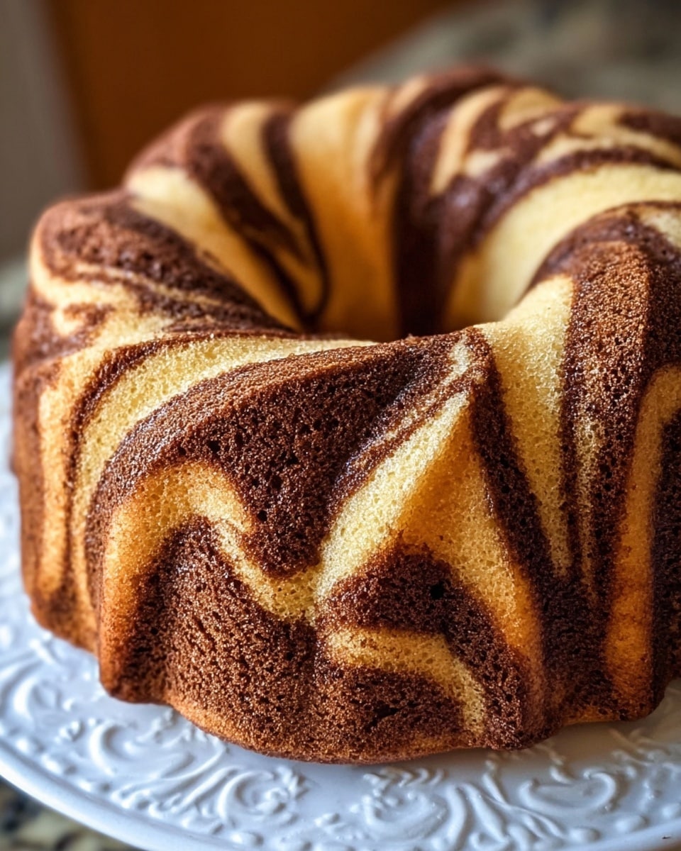 A round bundt cake with a detailed ridged shape sits centered on a white plate with a patterned edge, placed on a white marbled surface. The cake displays a strong marbled pattern of light creamy yellow and dark rich brown swirls that twist around the entire ring, with the dark brown areas having a slightly textured, baked look and the creamy yellow parts appearing smooth and moist. The top curves gracefully, following the ridges, with the marbled pattern clearly visible on every high and low point of the surface. The lighting softly highlights the glossy, slightly shiny finish of the cake's surface, emphasizing the deep chocolate and vanilla contrast. photo taken with an iphone --ar 4:5 --v 7