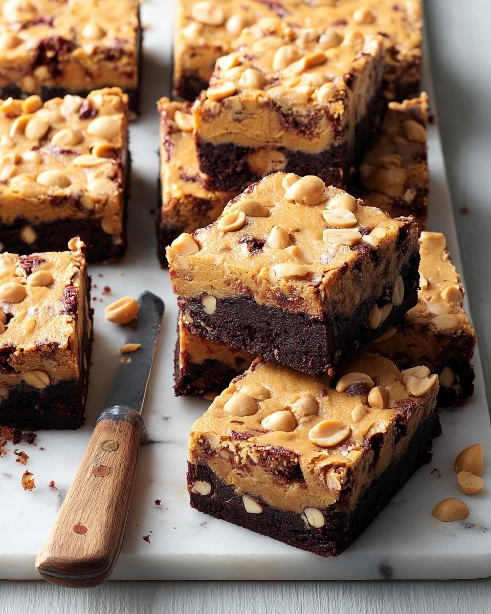 The image shows several pieces of rectangular and square brownies arranged on a white marbled surface. Each brownie has two visible layers: a thick, dark brown chocolate base with a moist texture, and a top layer that is light golden with chunks of peanuts and bits of reddish elements embedded in it. The top layer looks slightly cracked and soft, with peanuts spread unevenly over the surface. A wooden-handled knife rests next to the brownies on the surface. Some crumbs and peanut pieces are scattered around the brownies, enhancing the natural and homemade look. photo taken with an iphone --ar 4:5 --v 7