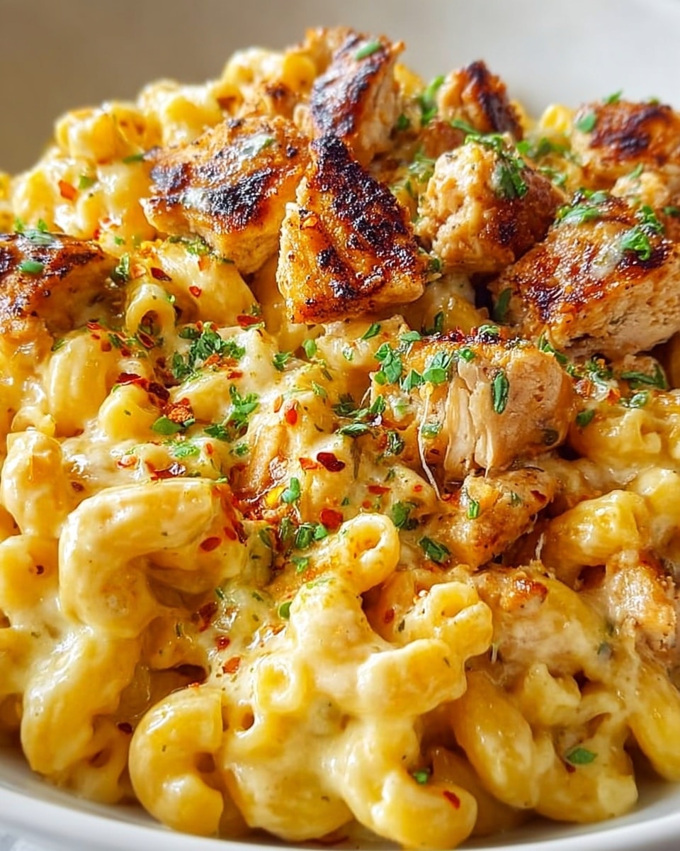 A close-up view of a dish with one main layer of creamy macaroni pasta, golden yellow in color with a smooth texture, mixed with browned grilled chicken chunks that have a slightly crispy and charred surface. The top is sprinkled with green chopped herbs and small specks of red chili flakes, adding color contrast. The dish is served on a white plate placed on a white marbled surface. photo taken with an iphone --ar 4:5 --v 7