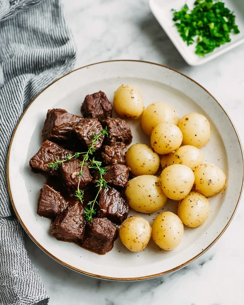 A white plate with a thin gold edge holds a simple meal arranged in two groups: on the left, there are about ten pieces of cooked beef chunks, dark brown with a slightly rough texture, topped with small green sprigs of fresh thyme. On the right, there are ten small, pale yellow baby potatoes with some black pepper flakes visible on their smooth skins. The plate is placed on a white marbled surface, and the photo shows part of a grey and white striped cloth on the left and a small square white dish with chopped green herbs slightly blurred in the background. Photo taken with an iphone --ar 4:5 --v 7