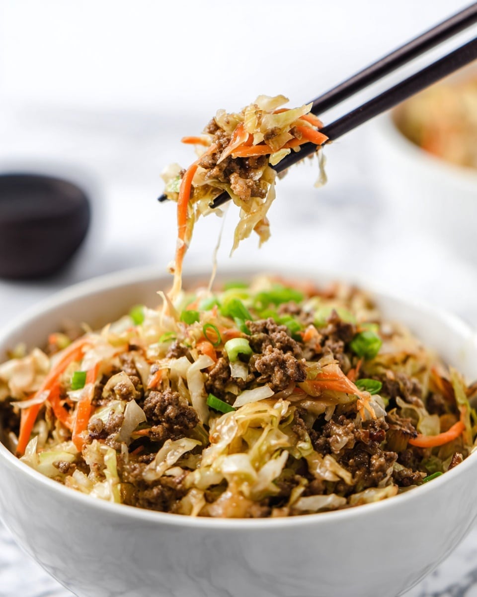 A close-up view of a white bowl filled with a mixed dish of ground brown meat, shredded light yellow cabbage, thin orange carrot strips, and chopped green onions scattered on top, showing a textured and colorful mix. Above the bowl, a pair of black chopsticks holds a small portion of the same dish, highlighting the mix of colors and textures with strands of cabbage and carrots hanging down. The background has a soft white marbled texture, with a blurred dark object in the distance. photo taken with an iphone --ar 4:5 --v 7