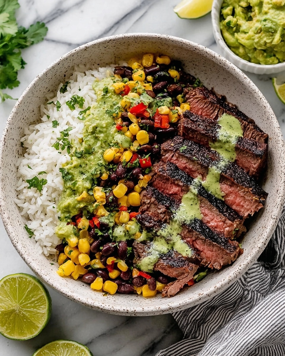 The dish is served in a white speckled bowl, divided mainly into three sections. On the left side, there is a layer of white rice topped with a green sauce and garnished with small green herb pieces. Next to the rice, there is a bright mix of yellow corn and black beans with small bits of red peppers and green herbs sprinkled on top. On the right side, slices of medium-rare grilled steak with a charred crust show pink centers; they are drizzled with more green sauce and garnished with small green herbs. In the top right corner of the bowl, there are two lime wedges resting on some guacamole. The bowl is placed on a white marbled surface with a gray and white striped cloth nearby and a halved lime off to the side. photo taken with an iphone --ar 4:5 --v 7