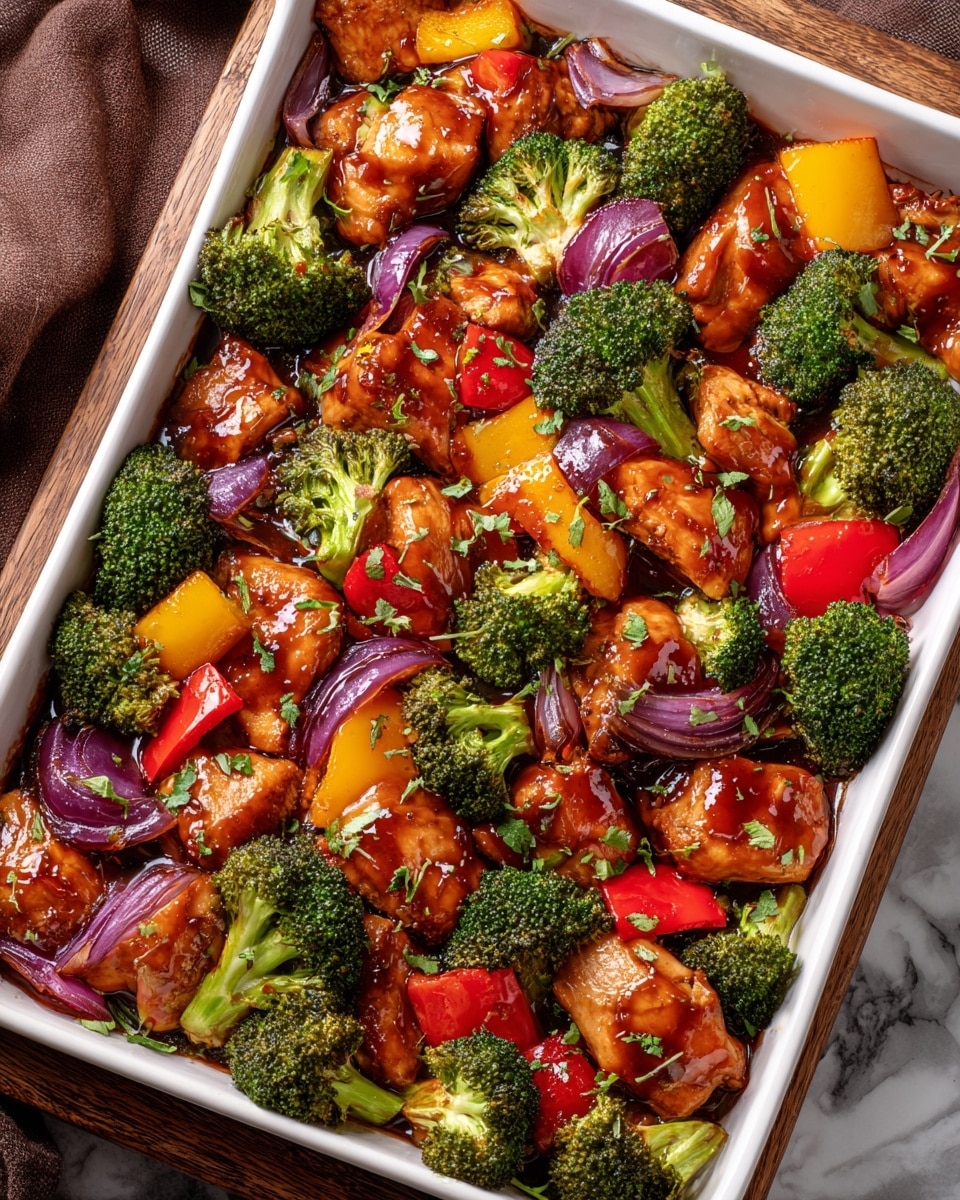 The image shows a close-up of a large baking tray filled with glazed chicken pieces and mixed vegetables. The chicken pieces are golden-brown with a shiny, sticky glaze, scattered evenly across the tray. Among the chicken chunks, there are bright green broccoli florets, slices of red and yellow bell peppers, and purple-red onion wedges, all roasted and slightly charred. Fresh green herbs are sprinkled on top, adding a touch of color and freshness. The tray rests on a white marbled surface with a soft beige cloth partially visible on one side. photo taken with an iphone --ar 4:5 --v 7