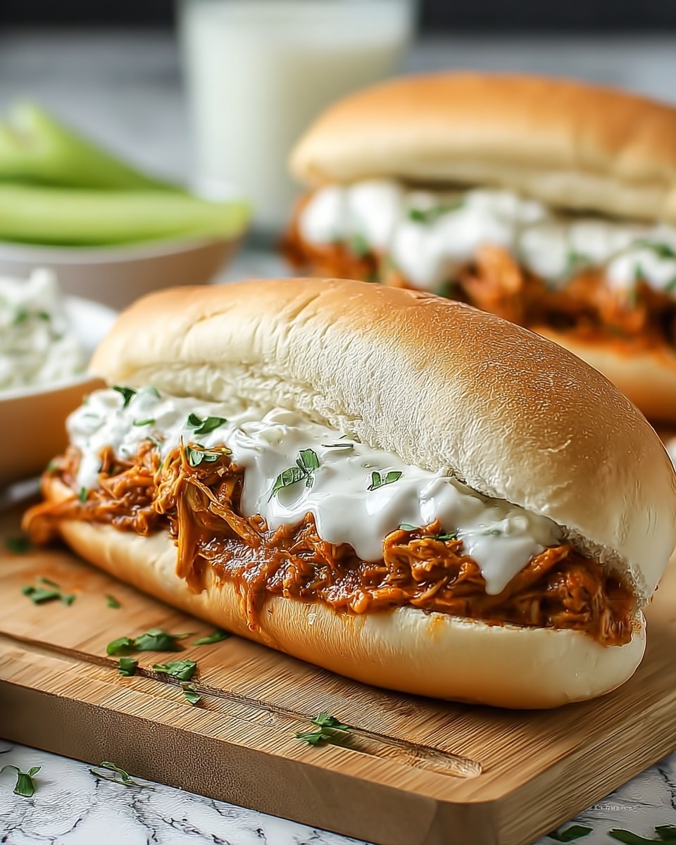 Two sandwiches are placed on a wooden board over a white marbled surface. Each sandwich has a soft, light golden brown sub roll sliced open to hold the filling. The bottom layer inside is shredded chicken coated richly in a deep orange sauce, spilling slightly out from the edges. On top of the chicken is a thick layer of creamy white dressing or sauce with bits of green herbs sprinkled on it, adding a fresh look. The sandwiches are positioned side by side, with the closest one in clear focus and the other softly blurred in the background, showing the same layers and textures. photo taken with an iphone --ar 4:5 --v 7