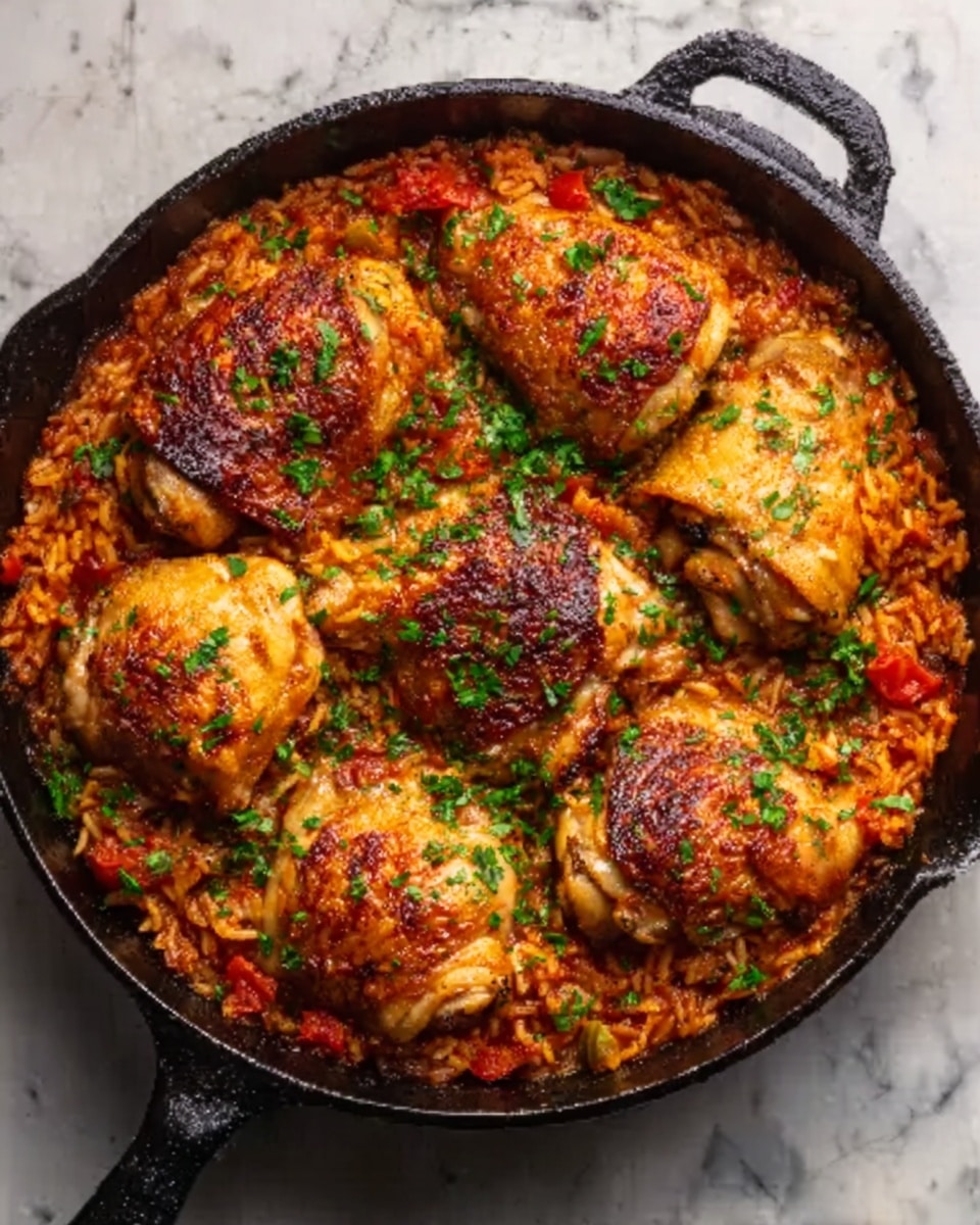 A black cast iron pan filled with five golden-brown baked chicken thighs on top of a rich reddish-orange tomato and rice mixture, garnished with finely chopped green herbs scattered evenly over the dish. The chicken pieces have crispy skin with a slightly charred texture. The tomato and rice base looks moist and mixed with small bits of vegetables, creating a colorful and hearty layer underneath the chicken, all set against a white marbled surface. Photo taken with an iphone --ar 4:5 --v 7