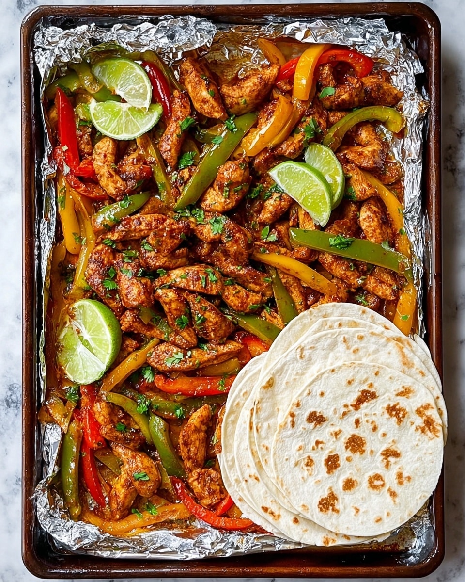 A large baking tray lined with shiny foil holds a colorful mix of cooked chicken strips and sliced bell peppers in green, yellow, and red, all seasoned with spices giving the chicken a rich brown color. Bright green chopped herbs are sprinkled over the top, with several lime wedges placed on different parts of the dish. On the right side of the tray, there is a neat stack of soft, white tortillas with light brown spots. The tray is set on a white marbled surface. photo taken with an iphone --ar 4:5 --v 7
