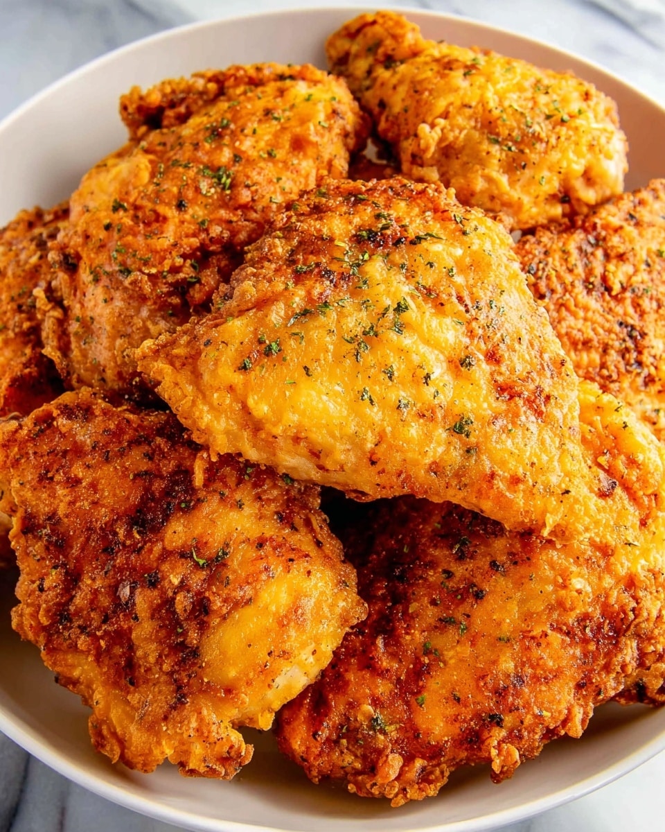 A white bowl filled with six pieces of crispy fried chicken, each piece showing a golden brown and orange color with a crunchy texture. The chicken is seasoned with visible herbs and spices sprinkled on top, giving it a slightly rough and crispy surface. The pieces are stacked close together, covering most of the bowl’s inside, set against a white marbled background. Photo taken with an iphone --ar 4:5 --v 7