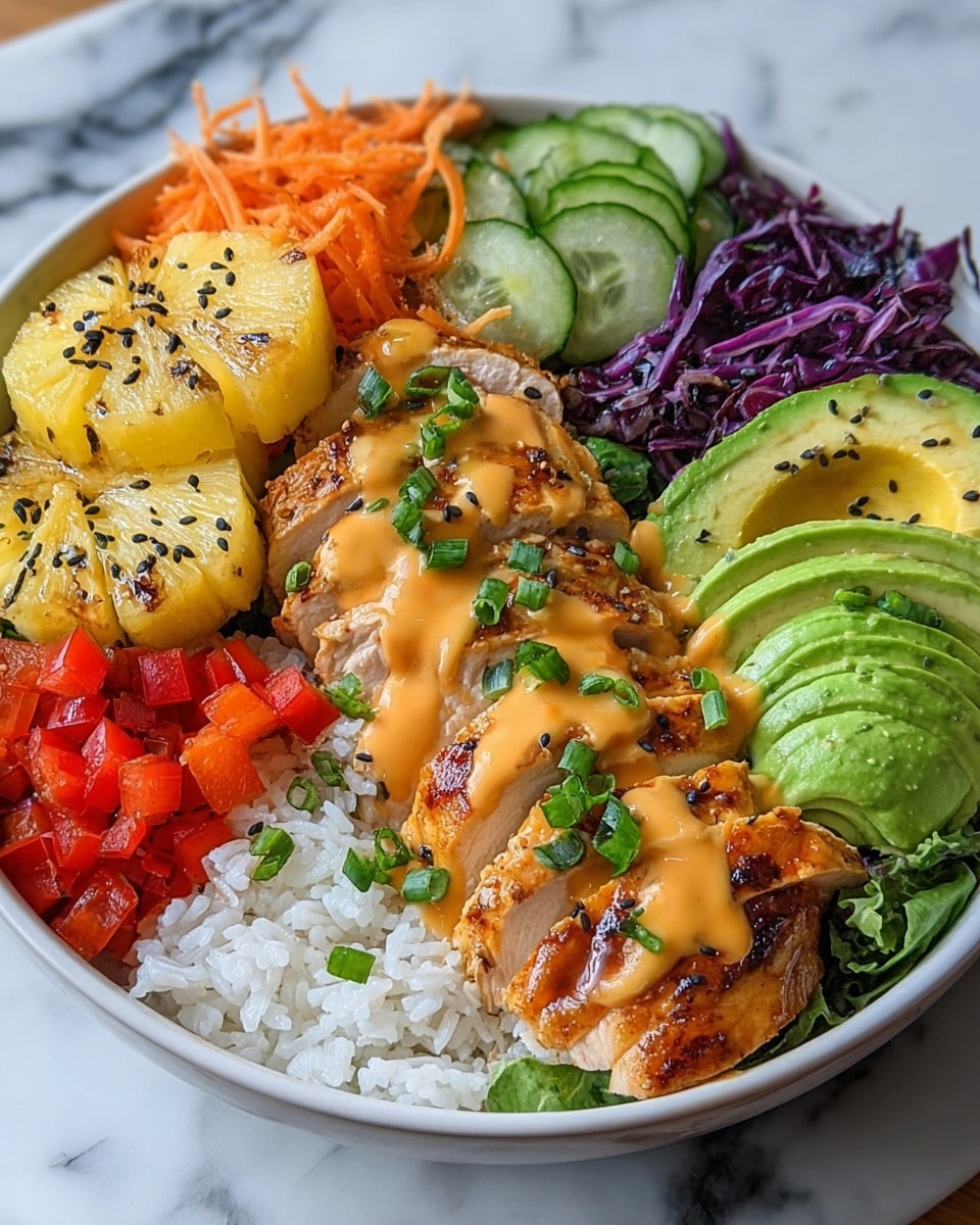A white bowl filled with a colorful layered dish starting with a base of white rice at the bottom. On top of the rice, there is a row of grilled chicken pieces with light char marks, drizzled generously with creamy orange sauce and sprinkled with chopped green onions. Next to the chicken is a row of golden yellow grilled pineapple chunks with black sesame seeds and green onion pieces on top. Beside the pineapple, there are small diced bright red bell peppers and slices of fresh cucumber. Close to the center, there are neatly sliced layers of green avocado sprinkled with black sesame seeds and green onions. To the left, there is a halved avocado with seed removed, showing smooth light green flesh, sprinkled with black sesame seeds. Purple cabbage shreds mix with shredded orange carrots on the left side, all placed over a bed of mixed greens. The dish sits on a white marbled surface. photo taken with an iphone --ar 4:5 --v 7