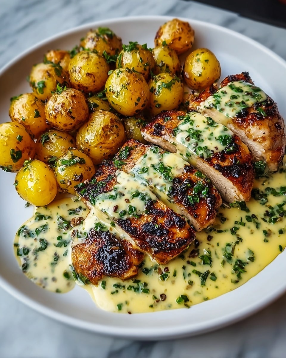 A dish with two thick pieces of grilled chicken breast in the center, showing a dark brown charred texture with a creamy light yellow sauce with chopped green herbs drizzled on top and pooling underneath; to the right, there is a pile of small golden roasted potatoes seasoned with herbs, some crispy brown spots visible on the skins; all served on a white plate with a white marbled surface in the background. photo taken with an iphone --ar 4:5 --v 7