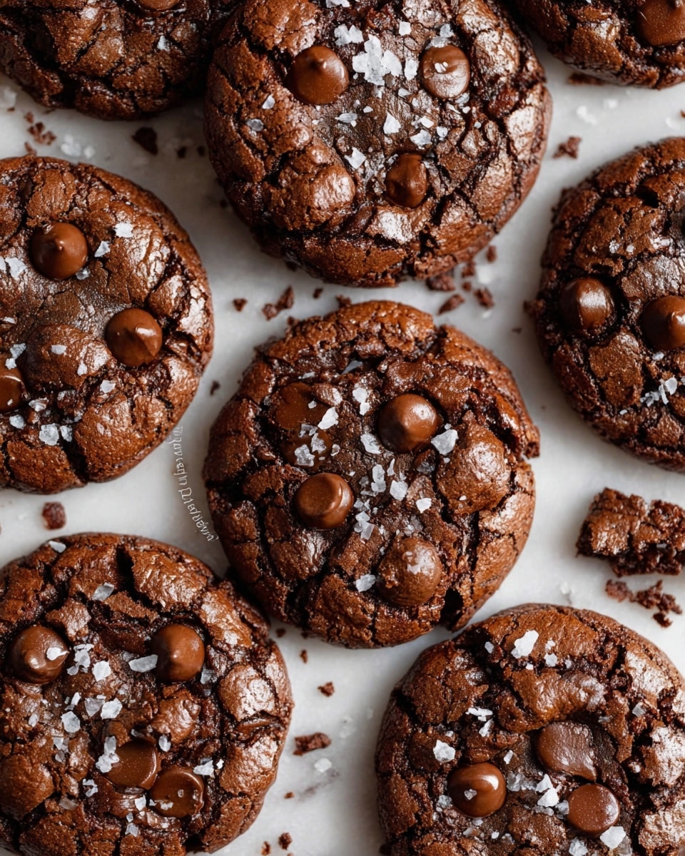 The image shows several rich chocolate cookies closely arranged on a white marbled surface. Each cookie has a cracked, textured surface in deep brown, with glossy, melted chocolate chips placed on top in clusters of three or four. Light sprinkles of large white salt crystals add a contrasting texture and color, scattered unevenly across the cookies. The cookies appear thick and chewy with a soft center visible from the cracks. Small crumbs are scattered around them, emphasizing their fresh-baked look. photo taken with an iphone --ar 4:5 --v 7