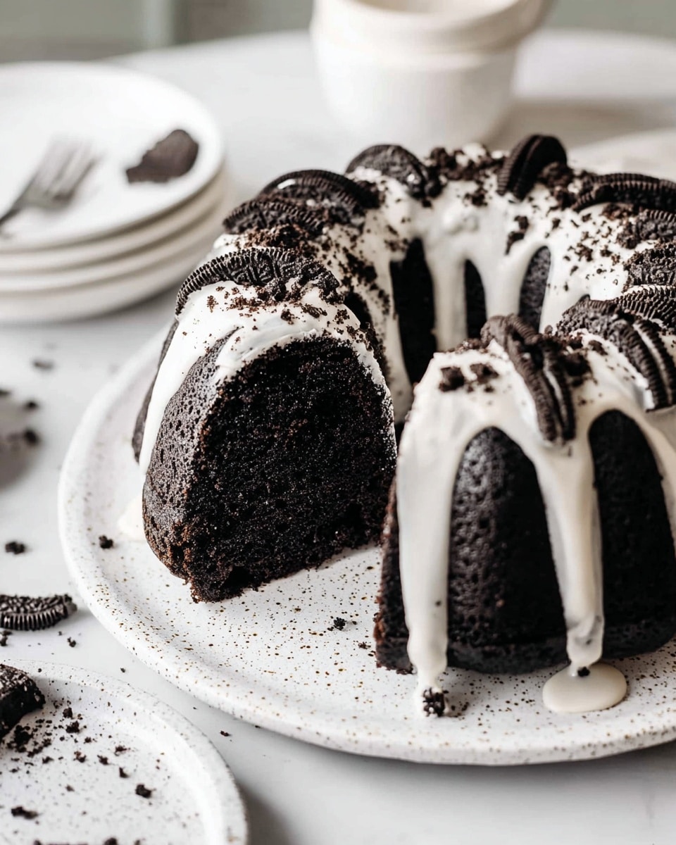 A dark chocolate bundt cake is sliced and placed on a white speckled plate, showing a moist and dense black interior. The cake has a white glaze dripping down its sides, covering the top and some edges, with bits of crushed dark cookie pieces sprinkled on top and embedded in the glaze. The plate sits on a white marbled surface with crumbs and glaze drops around it. In the background, there is a blurred view of a white plate and cup, adding depth to the image. photo taken with an iphone --ar 4:5 --v 7