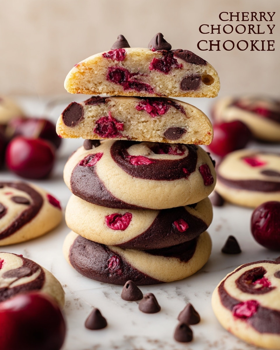 A stack of four cherry chocolate chip cookies sits on a white marbled surface. The top two cookies are cut in half, showing their soft, light beige dough with bright red cherry pieces and dark mocha chocolate chips inside. Below them are two whole cookies with a marbled swirl pattern of pale dough and rich dark chocolate, accented by small red cherry spots. Surrounding the stack are more round cookies that have a smooth surface with a chocolate and cherry swirl pattern topped with scattered mocha chips. In the background, fresh cherries add a pop of deep red color. The image is clear, warm, and inviting. photo taken with an iphone --ar 4:5 --v 7