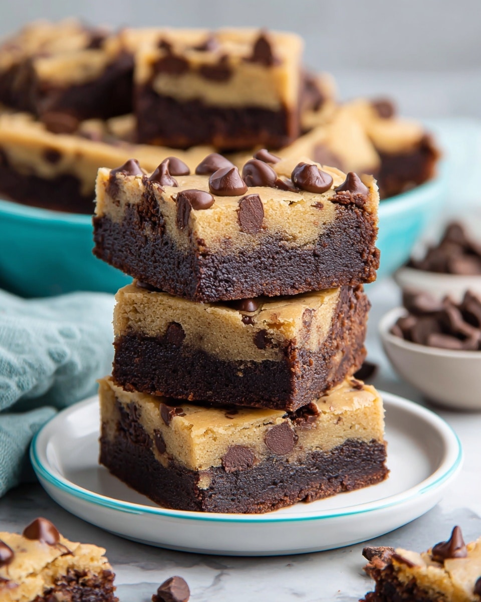 A stack of four thick square brownie and cookie dough bars sits on a white plate with a turquoise rim, each bar showing two distinct layers: a dark, rich chocolate brownie base with a soft, dense texture, topped by a lighter golden cookie dough layer studded with large, melted chocolate chips. The top cookie dough layer is smooth with scattered chocolate chips, some slightly melted, adding a gooey look. In the background, more bars rest in a white bowl with a turquoise inside, slightly blurred. The scene is set on a white marbled texture with a soft cloth nearby and a few loose chocolate chips and a broken piece of brownie-cookie bar on the surface. photo taken with an iphone --ar 4:5 --v 7