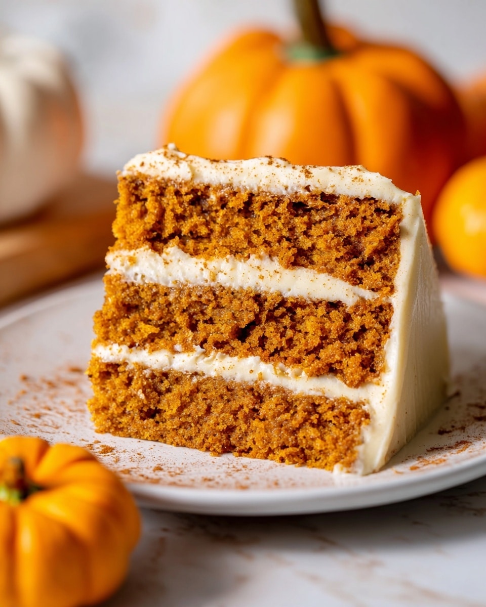 A close-up of a slice of three-layer pumpkin cake on a white plate, each moist layer having a deep orange color and rough texture, separated by thin, smooth, creamy white frosting layers; the top layer is also coated with frosting, having a slightly speckled look. The background shows blurred mini and regular pumpkins in warm orange tones, resting on a white marbled surface dusted lightly with brown spice powder. A small fake pumpkin is placed in the front left corner of the image, enhancing the autumn feel. photo taken with an iphone --ar 4:5 --v 7
