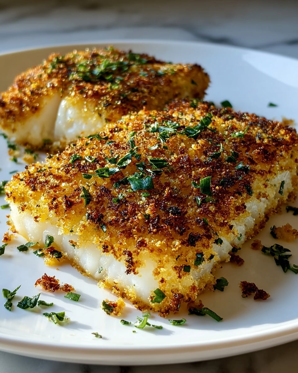 Two pieces of fish fillet are placed on a white plate over a white marbled texture. Each fillet has a golden brown crust made from crispy breadcrumbs mixed with herbs, giving it a crunchy and slightly rough texture. The breading covers the top and sides of the white, flaky fish visible just beneath the crust. Small green herb pieces are sprinkled over the fillets and the plate, adding bits of fresh color and texture. The lighting emphasizes the golden crust’s slight unevenness and the juicy flakes of the fish inside. photo taken with an iphone --ar 4:5 --v 7