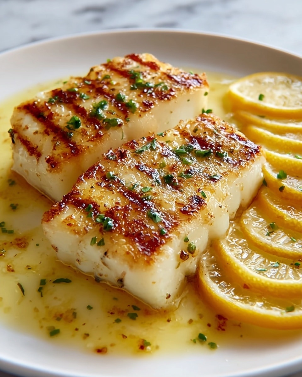 Two thick pieces of grilled white fish are placed side by side on a white plate. Each fish piece has a golden-brown, slightly crispy top layer with grill marks, and small green herb bits sprinkled over them. Underneath the fish is a thin layer of a shiny, light yellow buttery sauce that spreads on the plate. On the right side of the plate, there are several thin lemon slices arranged in an overlapping row. The plate sits on a white marbled surface. photo taken with an iphone --ar 4:5 --v 7
