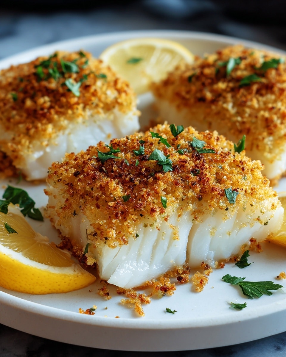 The image shows three pieces of white fish fillets on a white plate, each topped with a golden-brown breadcrumb crust that looks crispy and crunchy. Small green parsley leaves are scattered on top of the crust, adding a fresh look. The fish is thick and flaky with a soft texture visible under the crust. Around the fish, there are lemon wedges placed on the edge of the plate, giving a pop of yellow color. The white plate sits on a white marbled surface. photo taken with an iphone --ar 4:5 --v 7