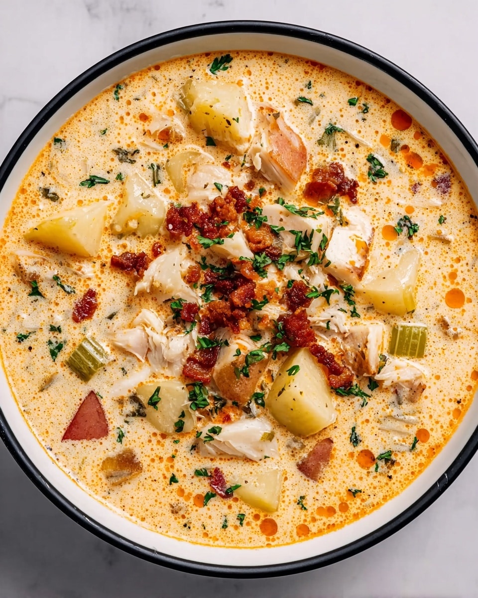 A top view of a creamy soup served in a white bowl with a black rim, placed on a white marbled surface. The soup has a thick, light orange broth with visible small orange oil droplets spread across the surface. Floating in the soup are chunks of white fish, red-skinned potato pieces, and small green celery bits. There are also small bits of browned bacon or meat scattered throughout, along with a sprinkle of fresh chopped green herbs on the top. The overall texture is rich and chunky, showing a mix of soft potatoes, tender fish, and crisp celery. photo taken with an iphone --ar 4:5 --v 7
