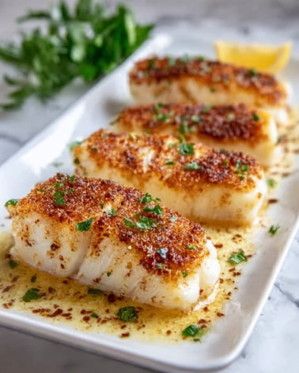 The image shows four pieces of cooked fish with a golden brown, crispy outer layer. The fish pieces have a light, flaky white inside that contrasts with the browned, slightly textured exterior. They are arranged neatly on a white, oval plate with some green herb sprinkles and a light sauce underneath that has a creamy texture. A lemon slice and some green herbs are placed at the back of the plate as decoration. The plate is set on a white marbled surface. Photo taken with an iphone --ar 4:5 --v 7