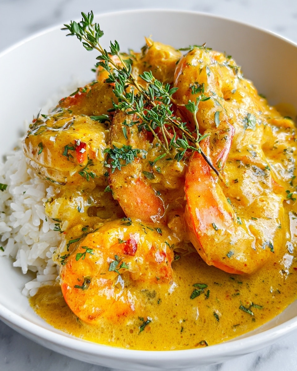 A white bowl holds a two-layer dish starting with a base of fluffy white rice at the bottom. On top, there are large orange shrimp covered in a thick, creamy golden-yellow sauce with visible herbs and spices. The dish is garnished with fresh green parsley and a sprig of thyme placed on the shrimp, adding a touch of green contrast. The sauce has a smooth, rich texture that spreads gently over the shrimp and rice. The bowl sits on a white marbled surface. photo taken with an iphone --ar 4:5 --v 7