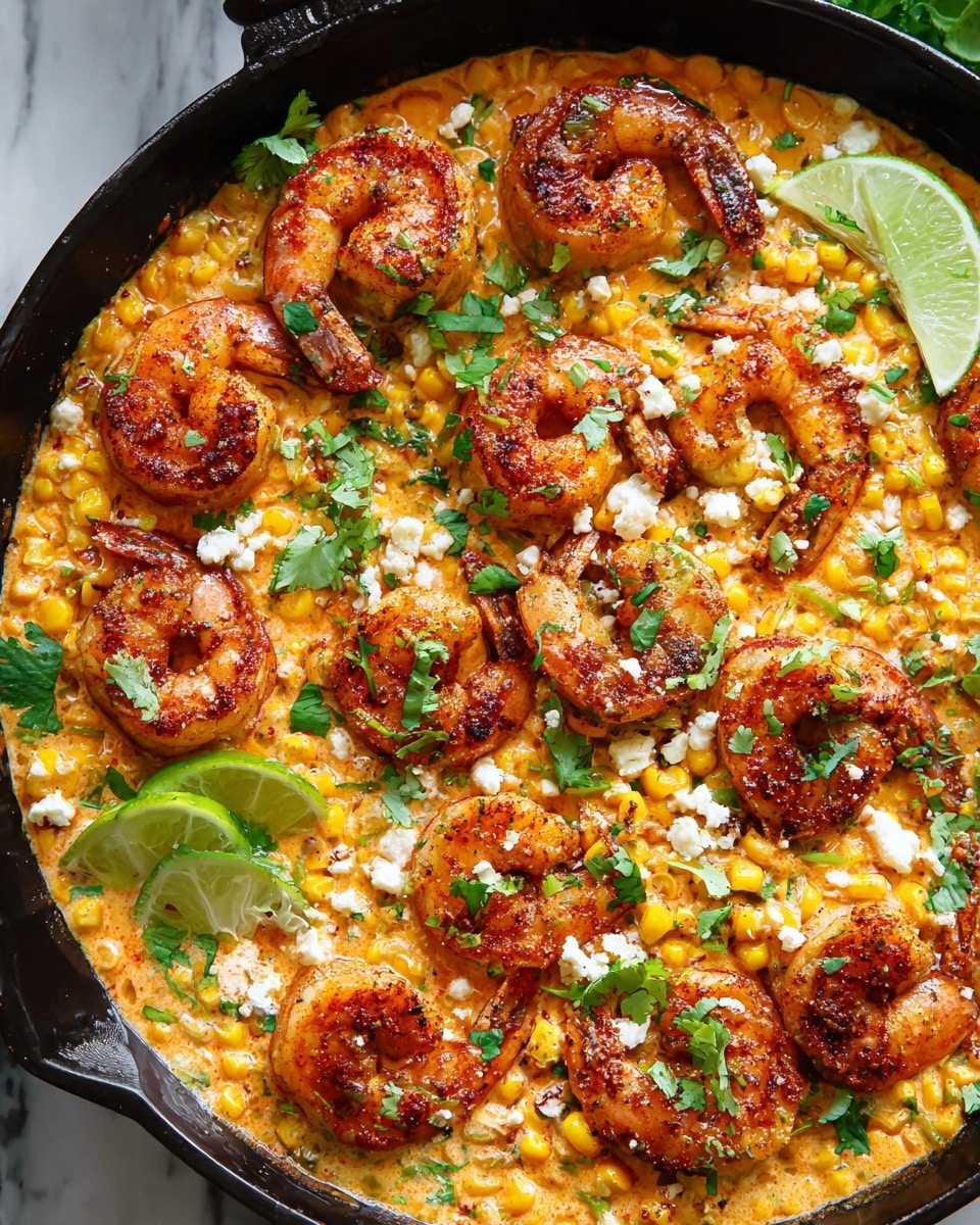 A black skillet filled with a creamy sauce base that is orange with specks of green herbs, layered with golden grilled corn pieces scattered throughout. On top, there are large, plump shrimp with a reddish-brown spicy coating, arranged evenly over the sauce and corn. Fresh green cilantro leaves are sprinkled across the dish, with small white crumbles of cheese adding contrast. Three bright green lime wedges rest on one side, adding a fresh touch. The skillet sits on a white marbled surface. photo taken with an iphone --ar 4:5 --v 7