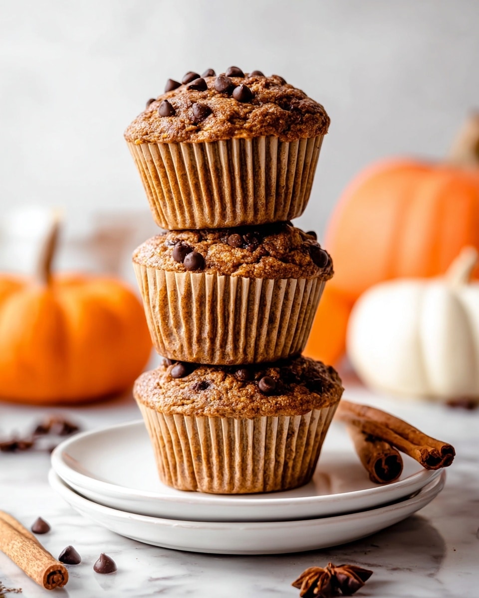 A stack of three chocolate chip muffins is shown, each muffin wrapped in a light brown ridged paper cup. The muffins are golden brown with a rough texture and small dark brown chocolate chips sprinkled on top of each one. They are placed on two stacked white plates, with some cinnamon sticks and dark brown cloves scattered around the plates on a white marbled surface. In the background, there are blurred orange and white pumpkins, giving a cozy, autumn feel. photo taken with an iphone --ar 4:5 --v 7