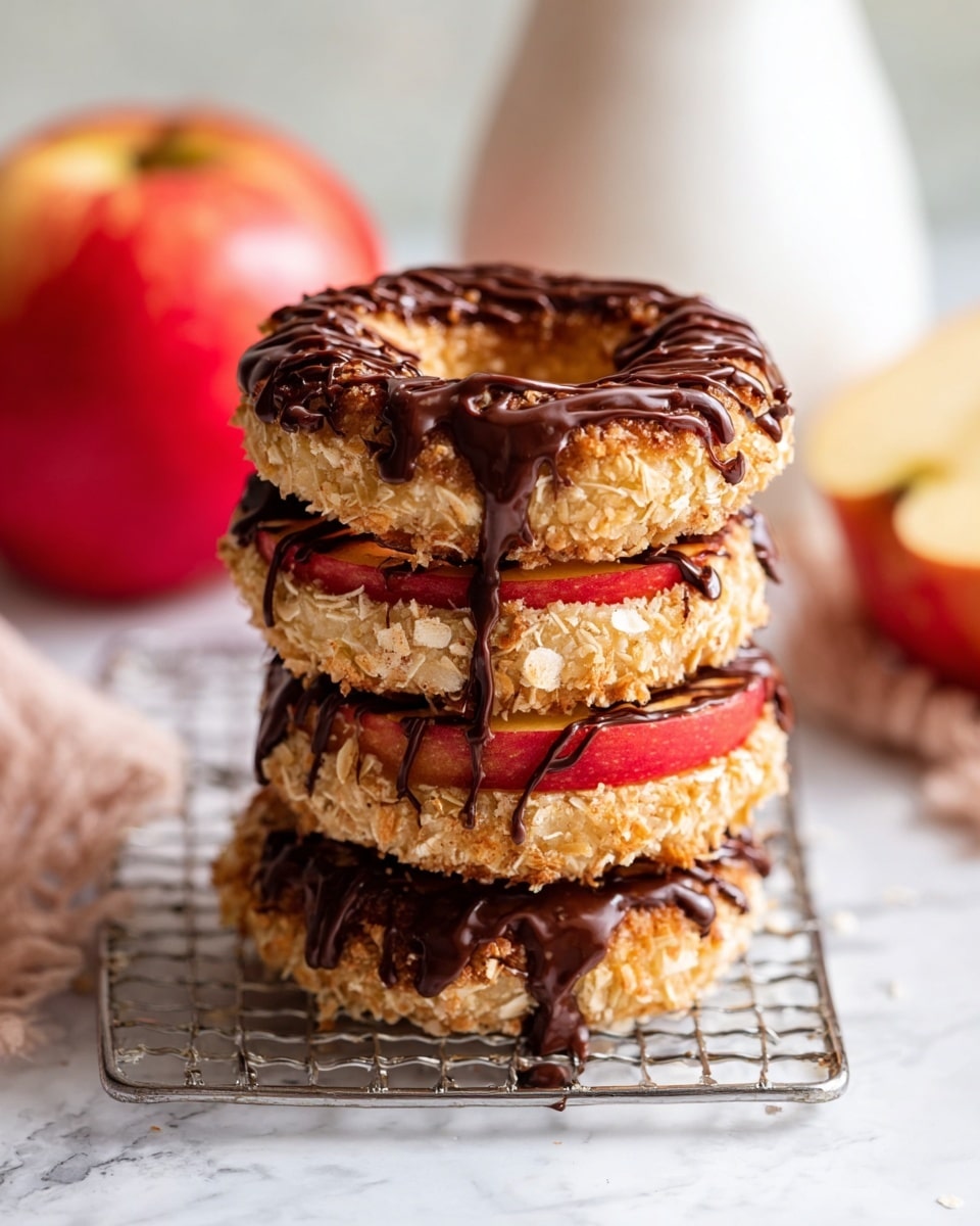 A stack of four apple ring slices each layered with a coating of a light tan textured mixture that looks like shredded coconut and a sticky glaze, creating a rough surface; the edges show the bright red skin of the apple rings. Each ring is generously drizzled on top with thick, dark brown chocolate sauce, which drips slightly down the sides. The stack sits on a metal wire cooling rack placed on a white marbled surface. To the left is a whole red apple, and in the background slightly blurred, there is a white pitcher or jug. photo taken with an iphone --ar 4:5 --v 7