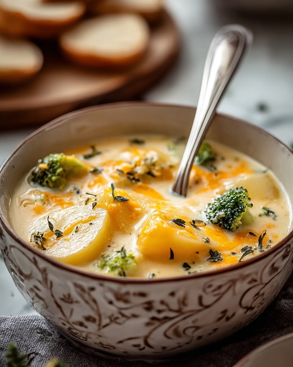 A close-up of a bowl of creamy soup served in a white bowl with brown patterned edges. The soup has three visible layers: a smooth, pale yellow creamy base at the bottom, topped with tender slices of yellow potato, small bright green broccoli florets, and melted orange cheddar cheese sprinkled on top. Tiny bits of dark green herbs are scattered over the cheese, adding texture and color contrast. A silver spoon rests inside the bowl on the right side. The bowl is placed on a soft gray cloth on a white marbled surface. In the blurred background, there is a round wooden plate with bread slices. Photo taken with an iphone --ar 4:5 --v 7